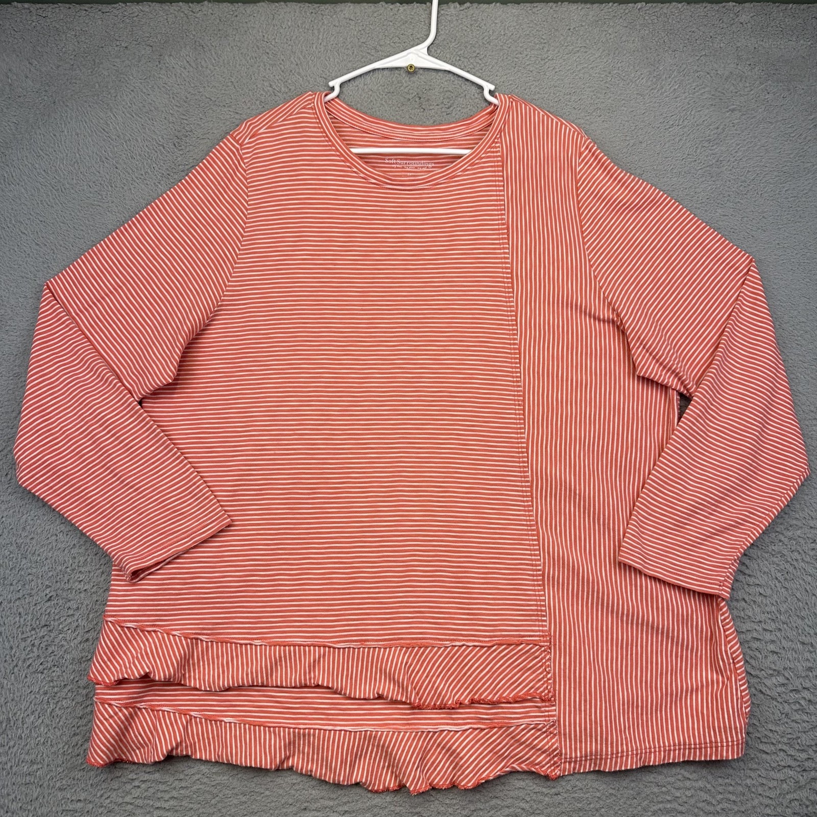 Soft Surroundings Shirt Womens 2x Red White Striped Pima Cotton Ruffle Hem Top